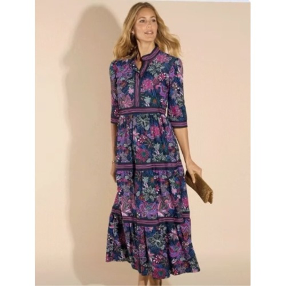 Jude Connally Floral Paisley Tiered Maxi Candy Dress Navy Pink Large Made in USA
